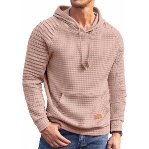 Men's Light Pink Long Sleeve Drawstring Waffle Knit Hooded Sweatshirt Pocket
